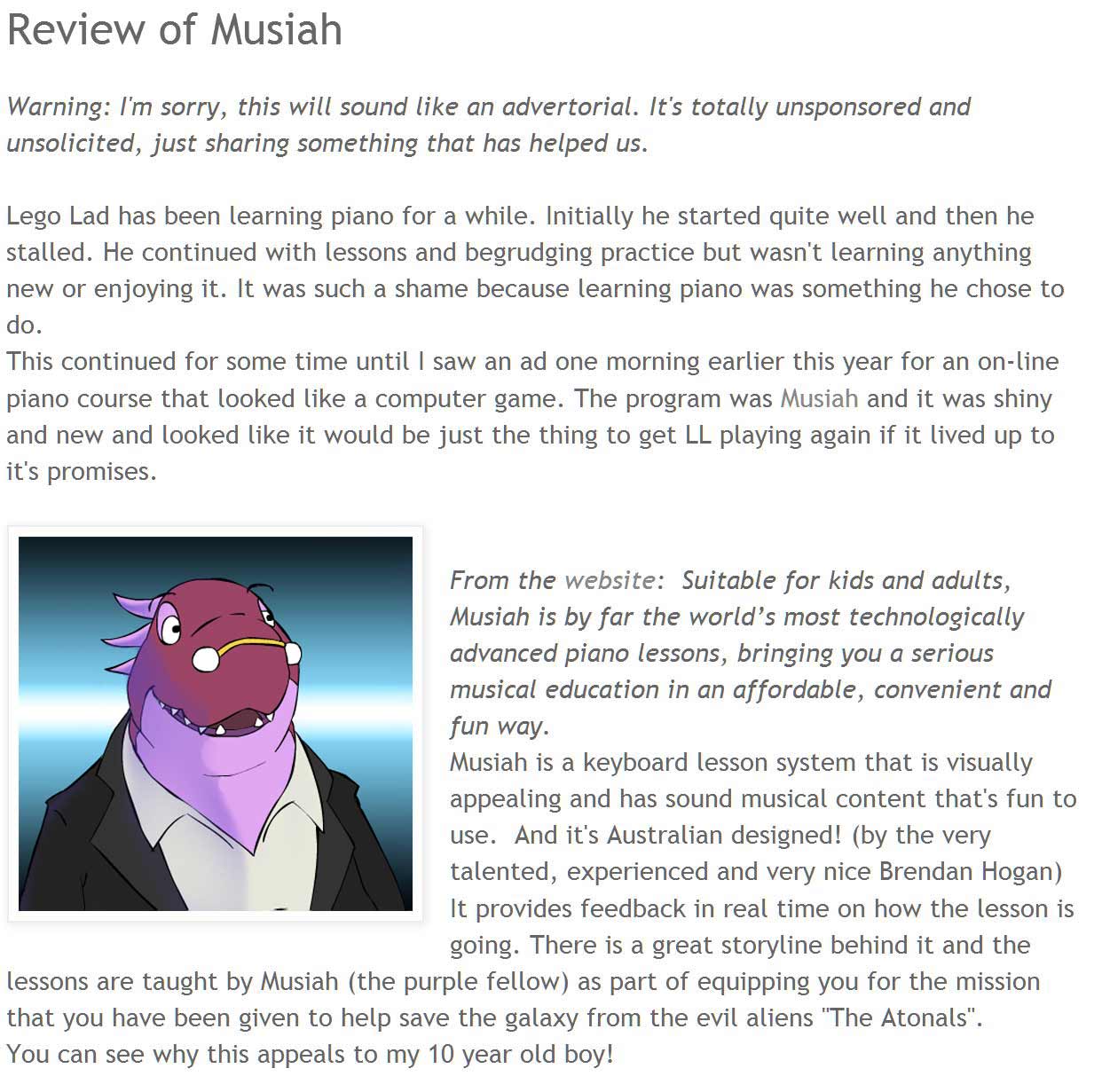 External blog reviews Musiah piano lessons