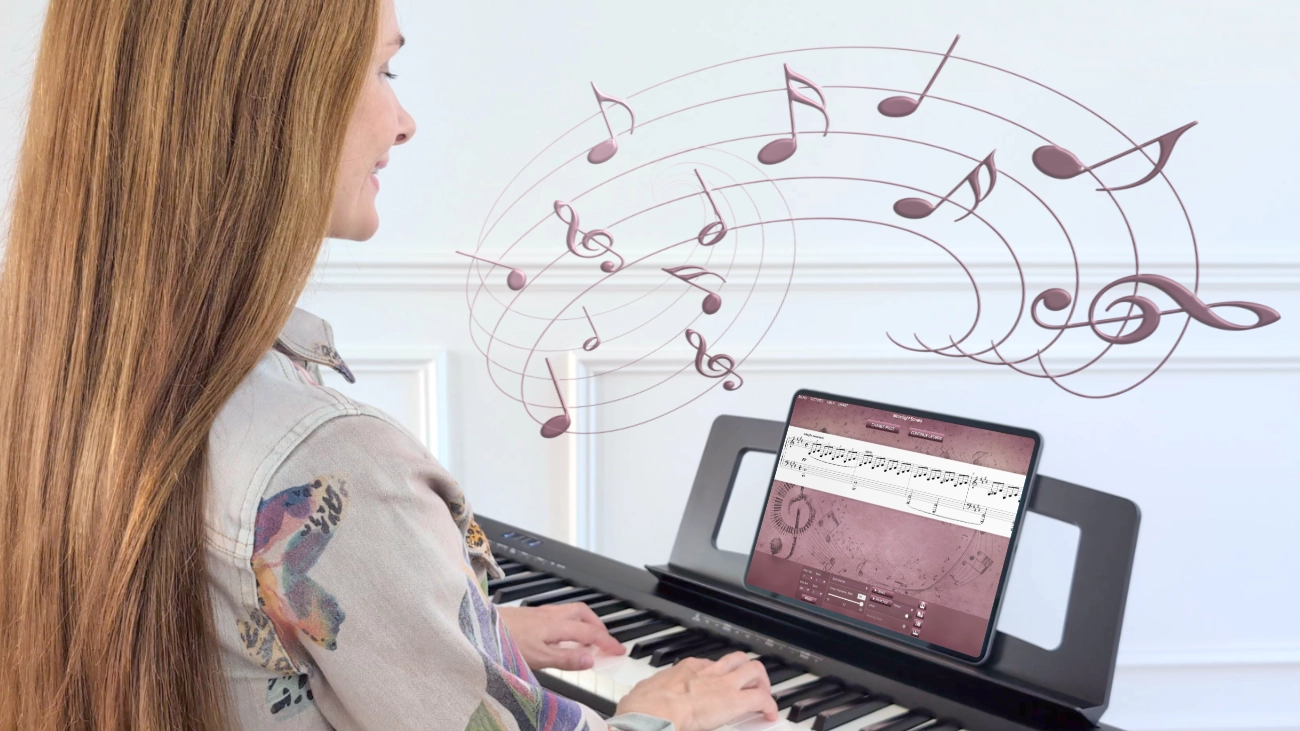 adults piano lessons app on ipad with MIDI piano keyboard