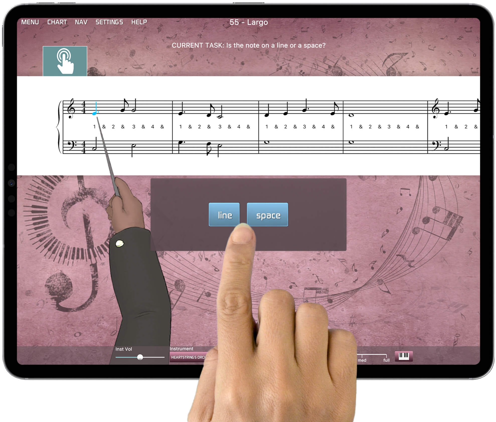 iPad showing online piano lessons with A.I. teacher, sheet music and human hand tapping screen