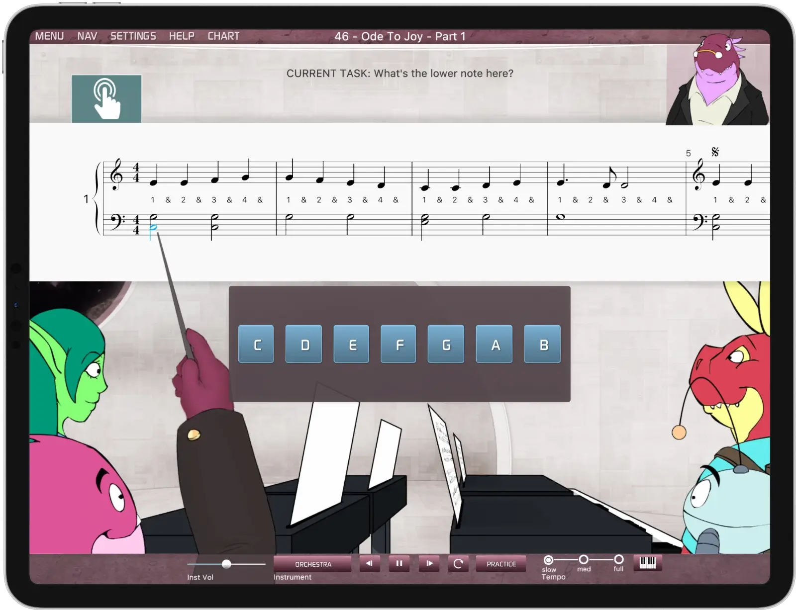 iPad showing Musiah piano lessons app in Kids' Mode with Musiah's baton pointing to sheet music while other students observe