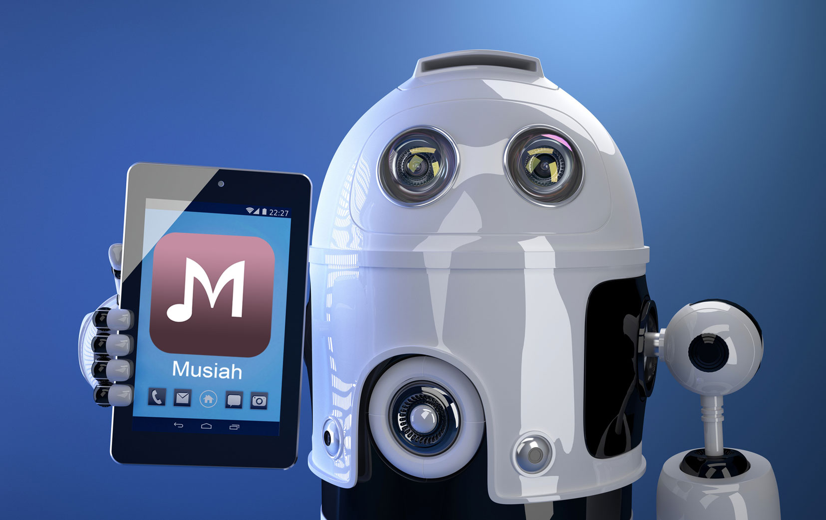 robot holding tablet running the Musiah piano learning app