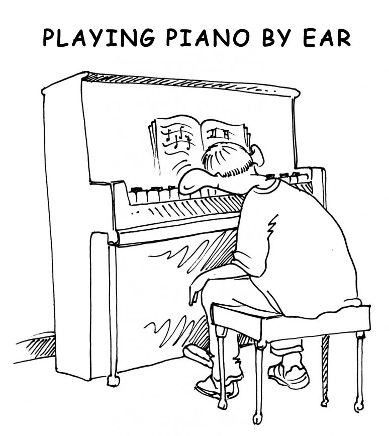 drawing of man at piano physically playing piano with his ear