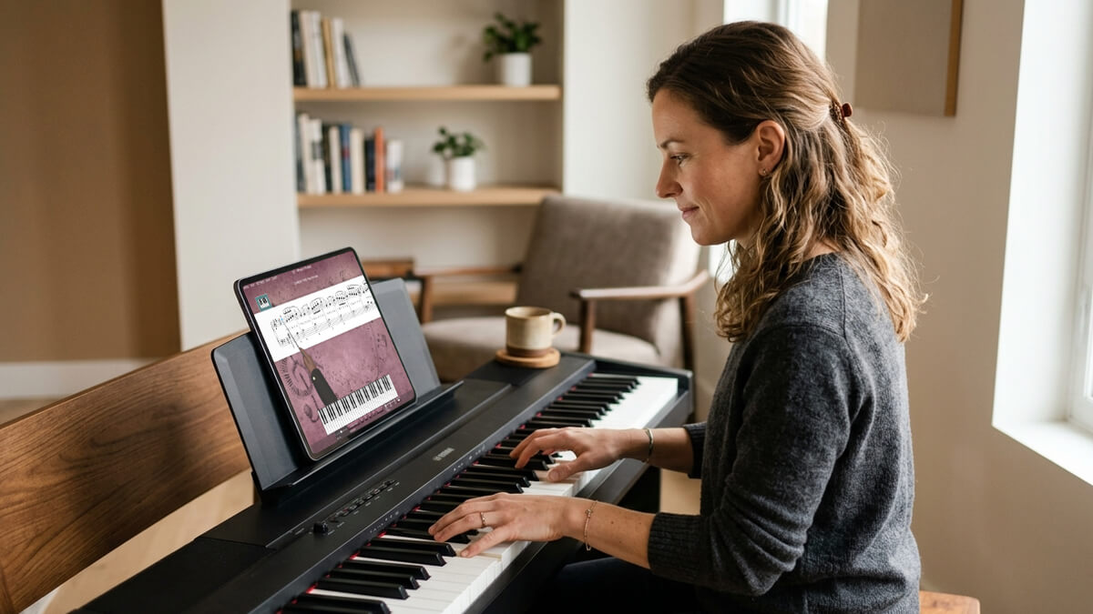 Adult woman playing a digital piano keyboard with the Musiah app displayed on an iPad beside her.