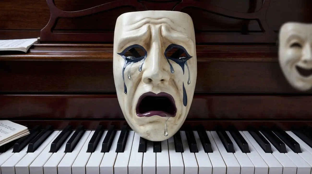 A tearful mask on a piano keyboard symbolizing exam stress