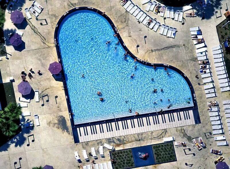 piano pool with black & white piano keys, music notes, quarters notes, eighth notes