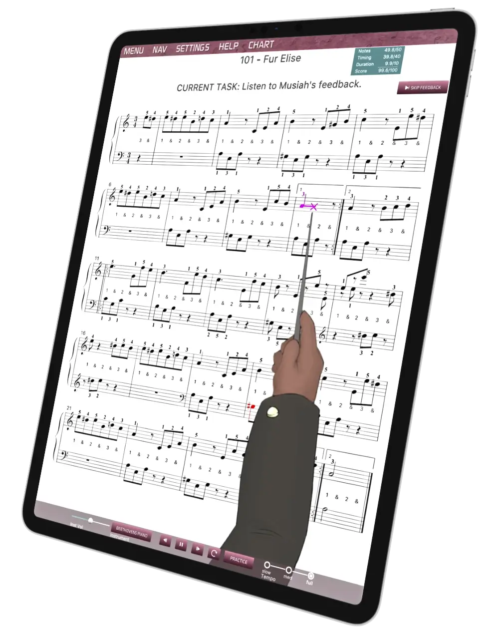 iPad Pro showing the Musiah app with Musiah's hand holding a baton as he points to a student's timing error on the sheet music