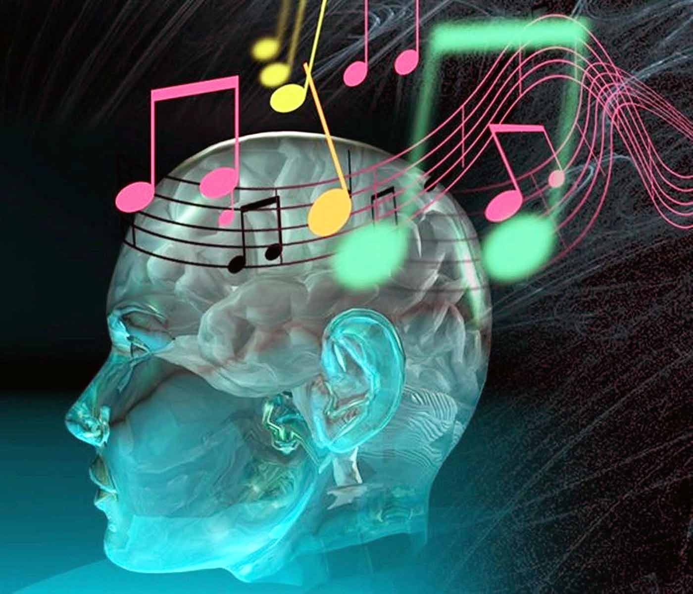 brain surrounded by music staffs and music notes