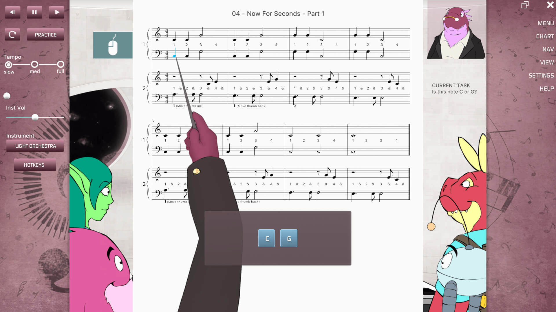 Musiah app screenshot showing Musiah teaching theory to characters on screen