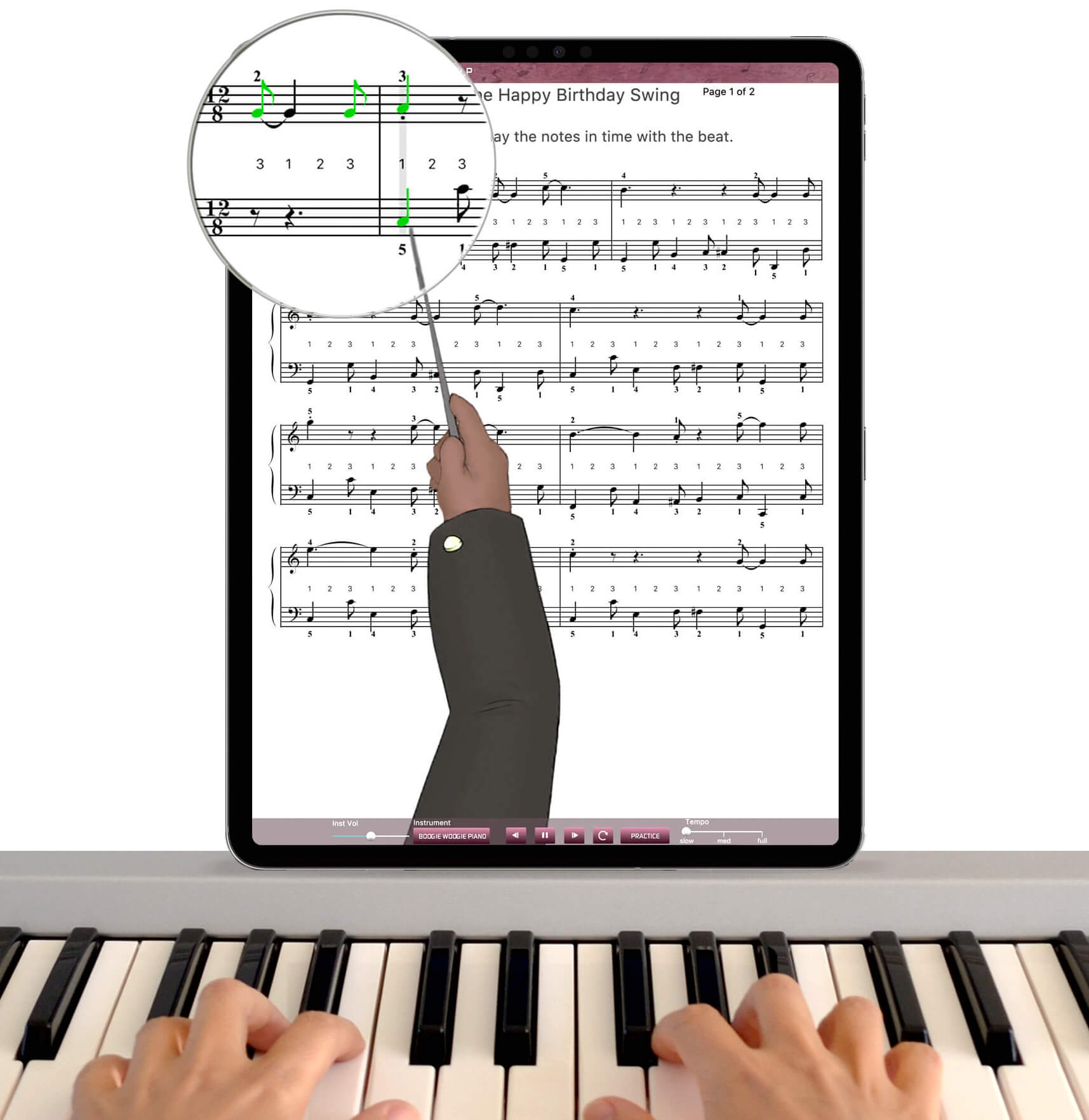 free piano lessons app on iPad with hands on piano keyboard
