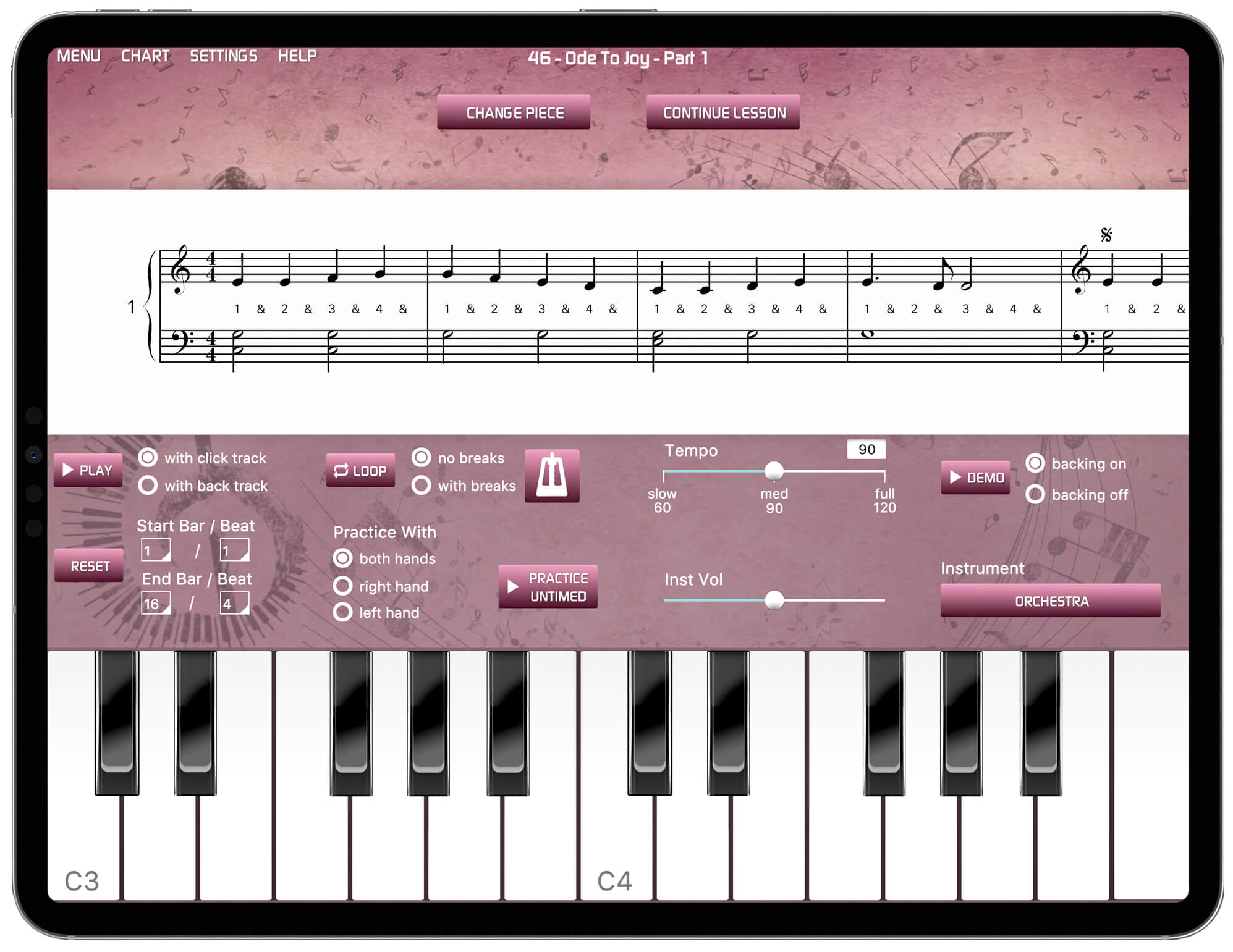 iPad with Musiah app showing the online piano keyboard in the app