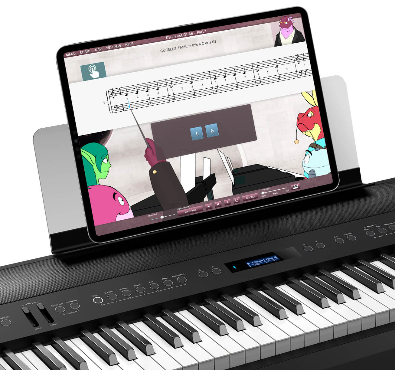 Musiah piano lessons for kids app on iPad with MIDI piano keyboard