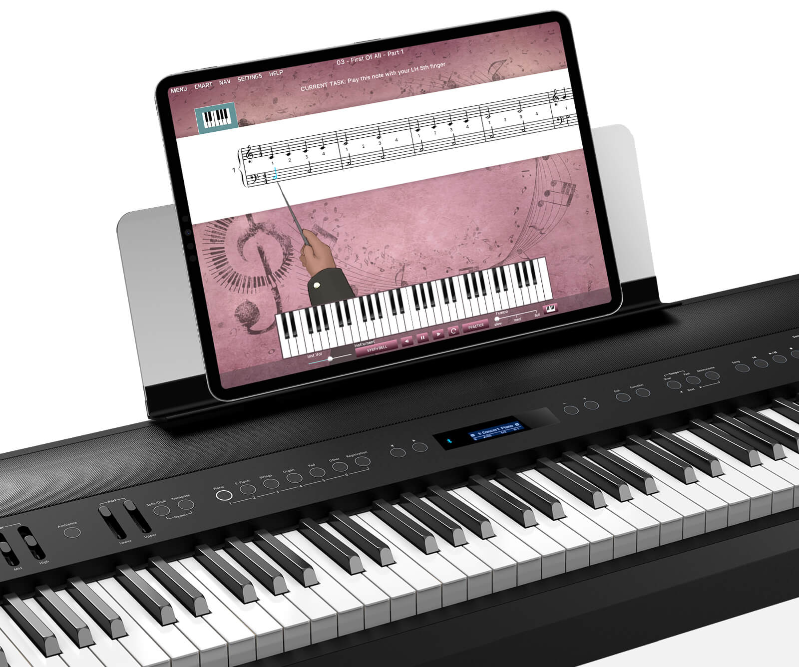 adults piano lessons app on ipad with MIDI piano keyboard