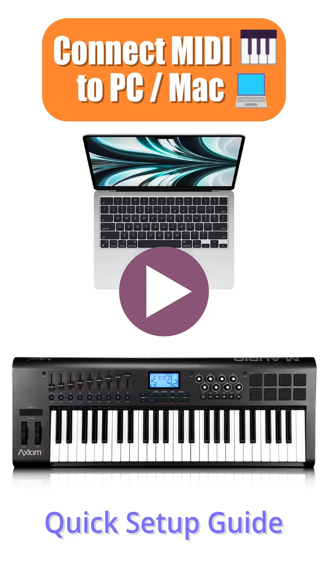 How to connect a MIDI keyboard to a PC or Mac computer using a USB cable. Step-by-step video guide for digital piano setup.