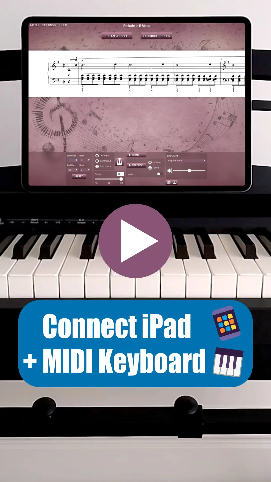 Connecting a digital piano to an iPad using USB-C and Lightning adapters. Visual guide for wired MIDI keyboard connection.