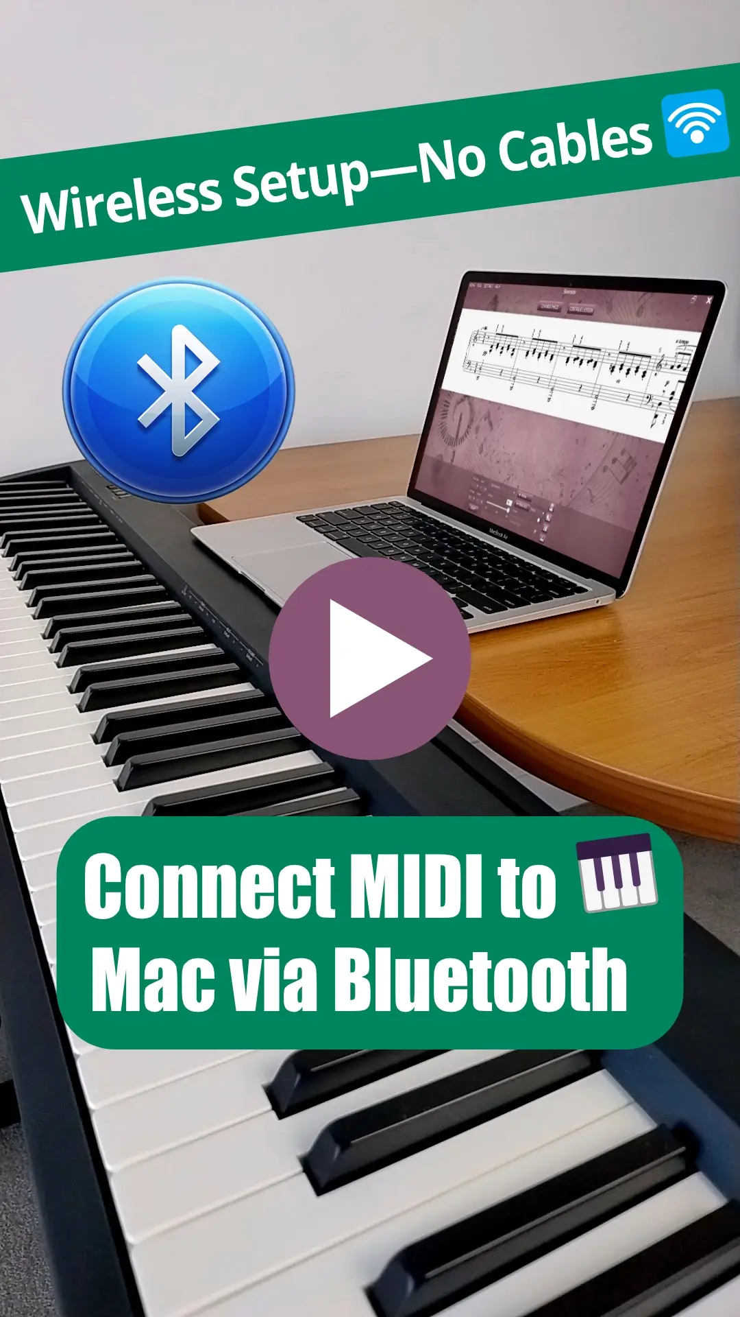 Instructional video on connecting a MIDI keyboard to a Mac wirelessly via Bluetooth using macOS Audio MIDI Setup.