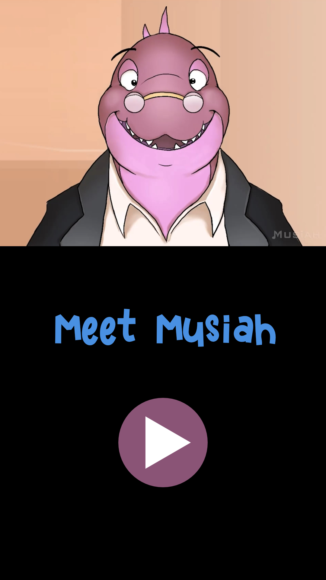 The Musiah AI Piano Teacher character smiling. Click to view this 'Meet Musiah' animated video.