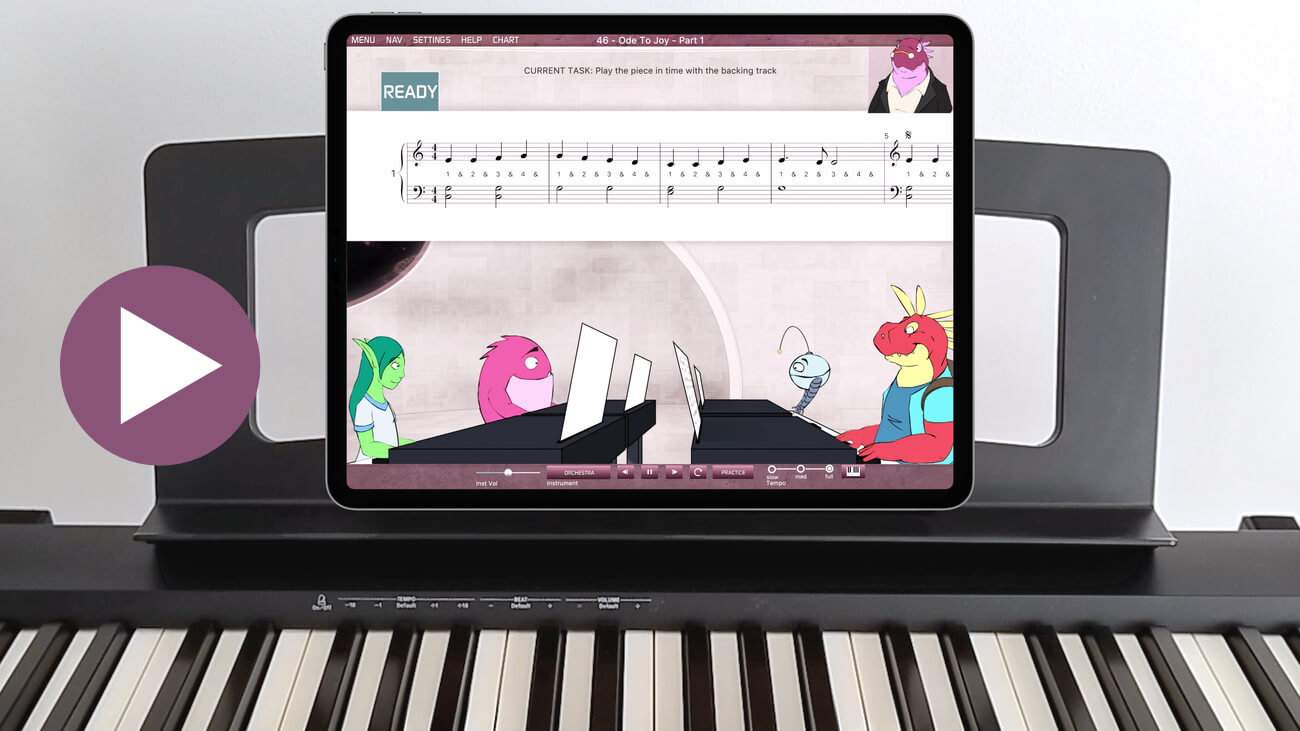 An ipad sitting on a digital piano's music rest showing the Musiah piano lessons app in Kids' Mode. Click to view this Musiah demo video.