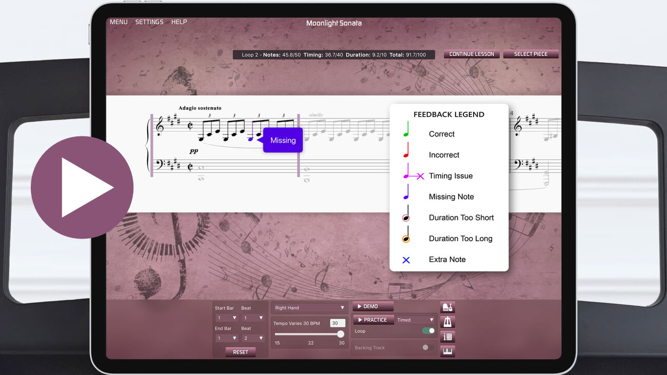 Close up of an iPad showing the Musiah Advanced Piano Practice Tools designed for intermediate and advanced players. Click to view this Musiah Demo video.